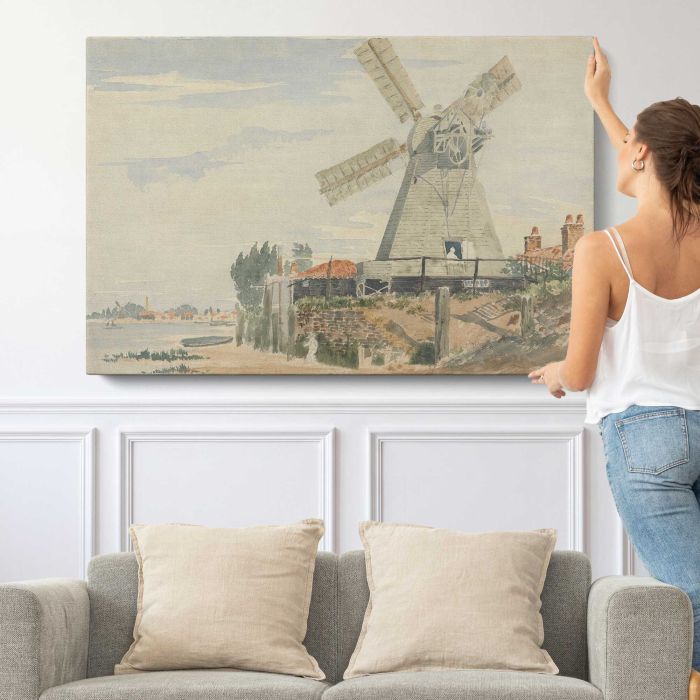 Old Mill at Battersea canvas print, canvas shown with a person for scale