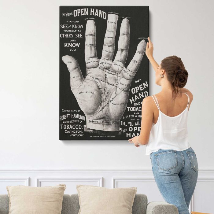 Open Hand — Vintage Palm Reading canvas print, interior display view