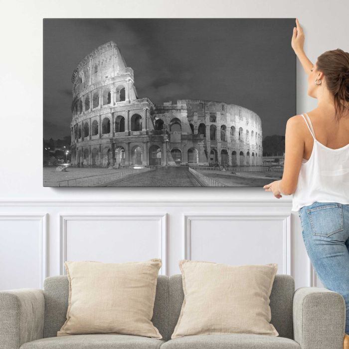 Outside of Colosseum in Rome, Italy canvas print, canvas shown with a person for scale