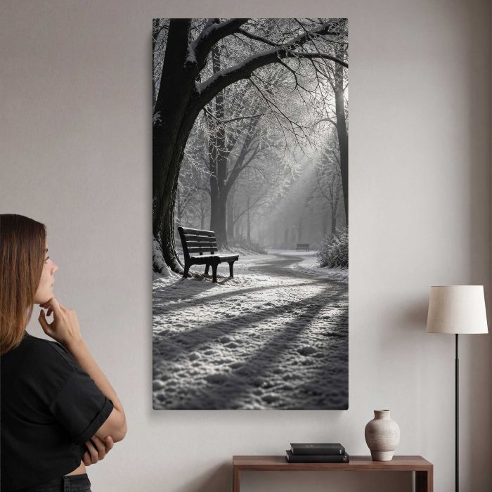 Park Bench beneath Sunlit Trees in Monochrome canvas print, interior display view