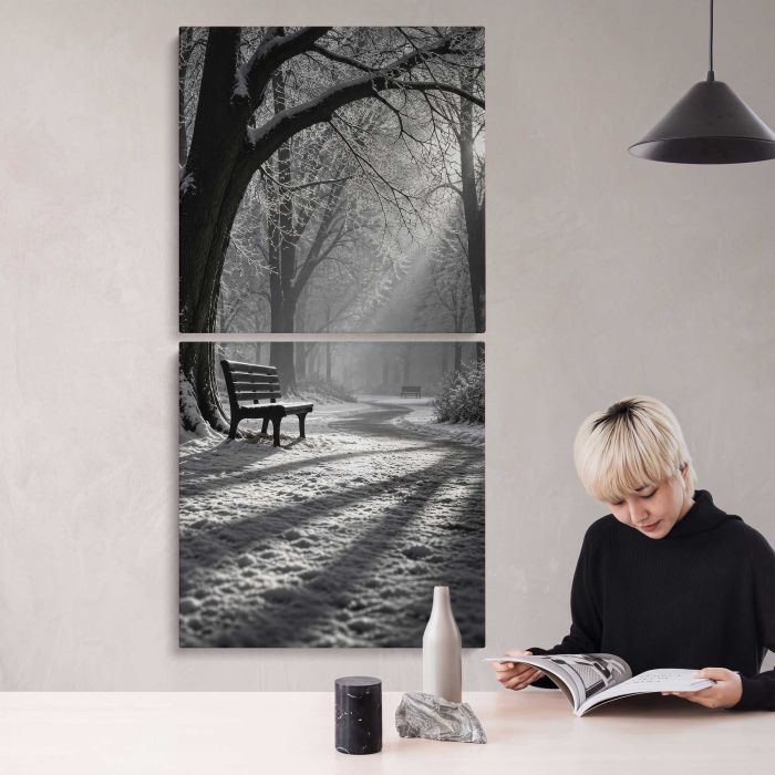 Park Bench beneath Sunlit Trees in Monochrome canvas print, interior display view