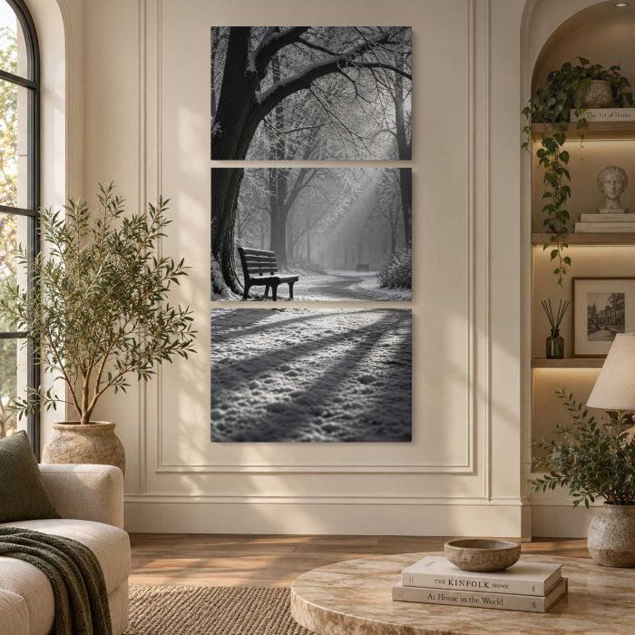 Park Bench beneath Sunlit Trees in Monochrome canvas print, interior display view
