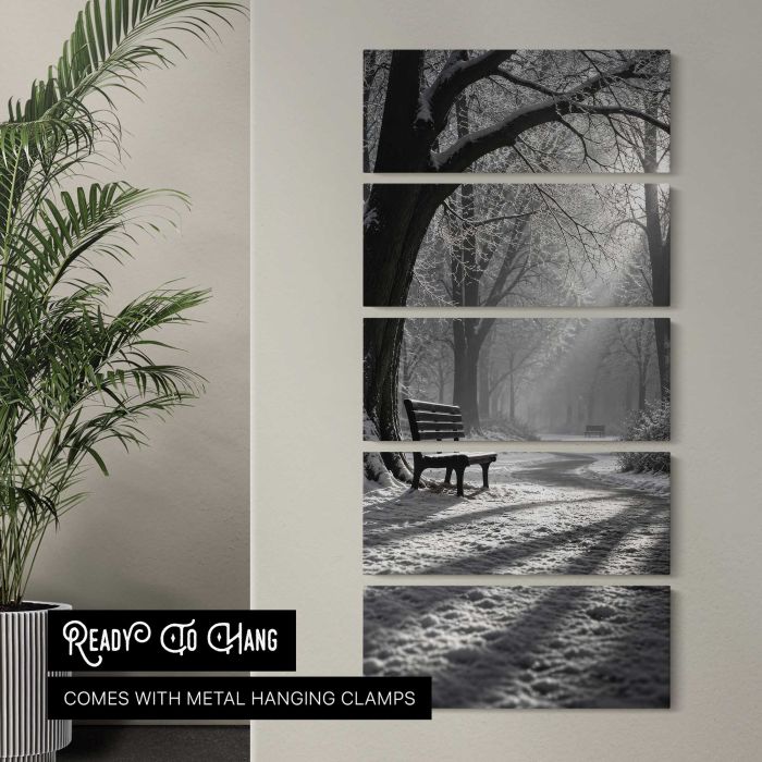 Park Bench beneath Sunlit Trees in Monochrome canvas print, interior display view