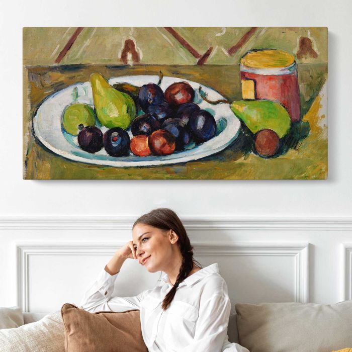 Plate with Fruit and Pot of Preserves (Assiette avec fruits et pot de conserves) (ca. 1880–1881) by Paul Cézanne canvas print, interior display view