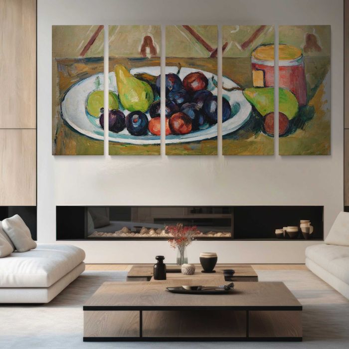 Plate with Fruit and Pot of Preserves (Assiette avec fruits et pot de conserves) (ca. 1880–1881) by Paul Cézanne canvas print, interior display view
