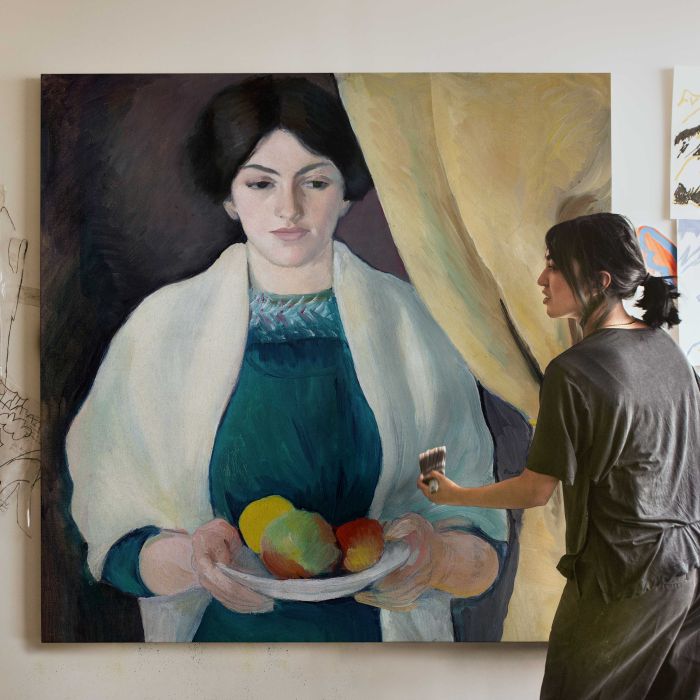 Portrait of the Artist’s Wife (1909) by August Macke canvas print, canvas shown with a person for scale