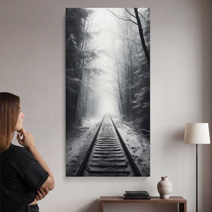 Railway Tracks in a Misty Landscape canvas print, interior display view