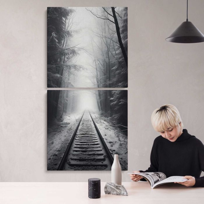 Railway Tracks in a Misty Landscape canvas print, interior display view