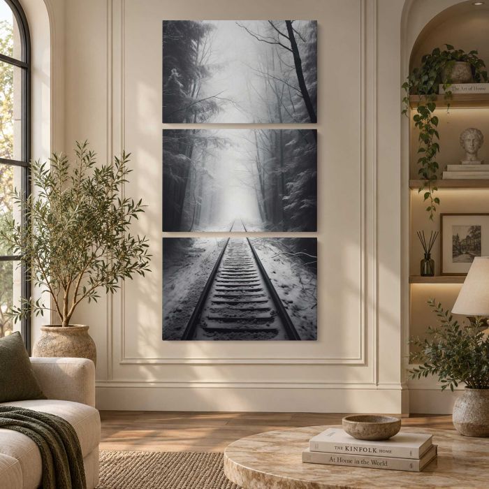 Railway Tracks in a Misty Landscape canvas print, interior display view