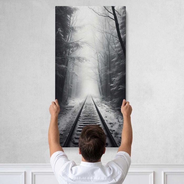 Railway Tracks in a Misty Landscape canvas print, tall canvas held against a wall