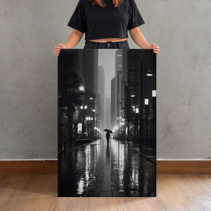 Rainy City Architecture in Silhouette canvas print, canvas shown with a person for scale