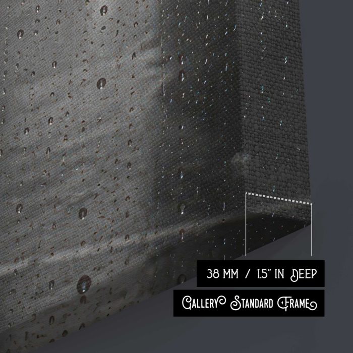 Rainy city street through window droplets, moody monochrome canvas print, canvas surface and edge detail