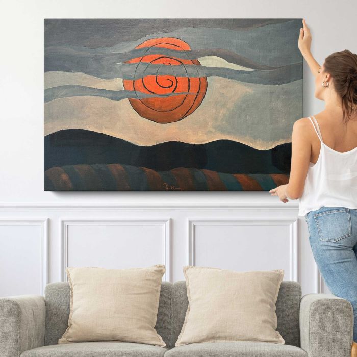 Red Sun (1935) by Arthur Dove canvas print, canvas shown with a person for scale