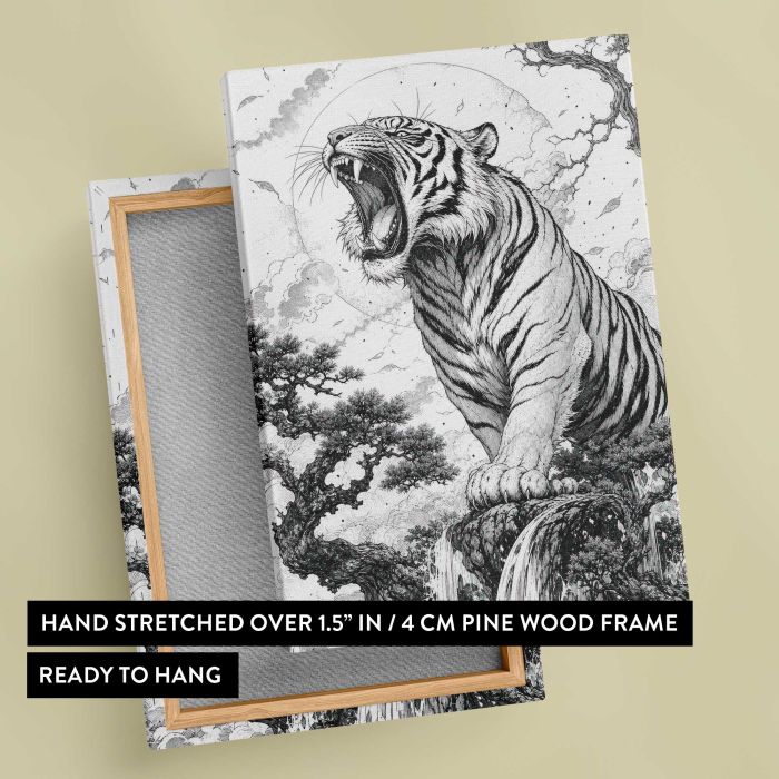 Roaring White Tiger in Black and White canvas print, canvas reverse and frame view