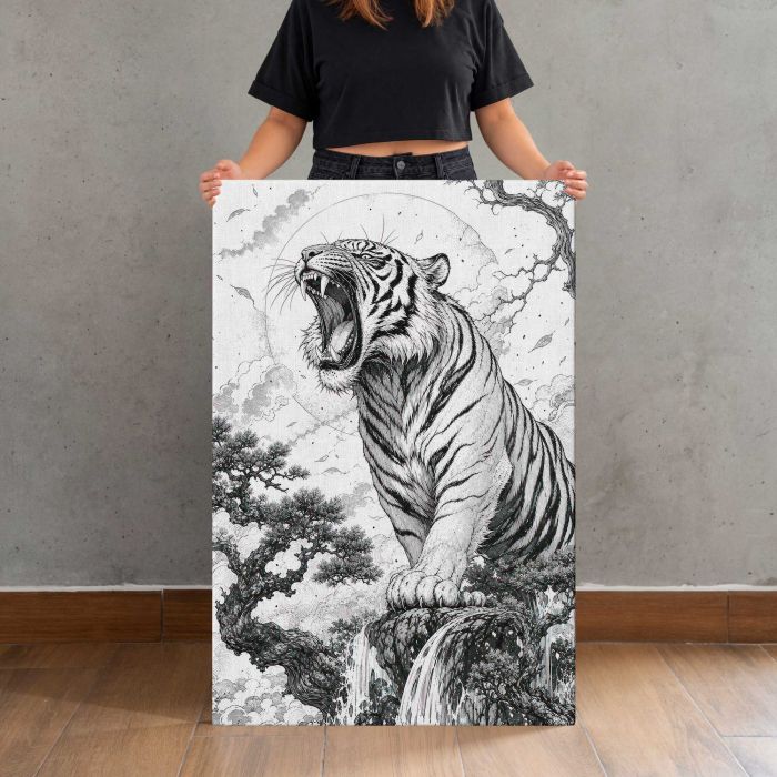 Roaring White Tiger in Black and White canvas print, canvas shown with a person for scale