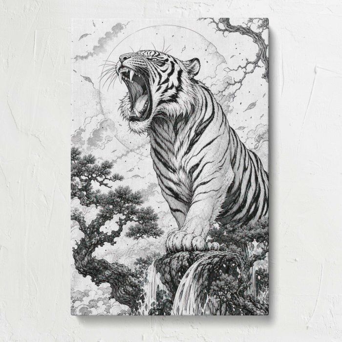 Roaring White Tiger in Black and White canvas print, front canvas view