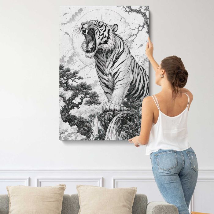 Roaring White Tiger in Black and White canvas print, interior display view