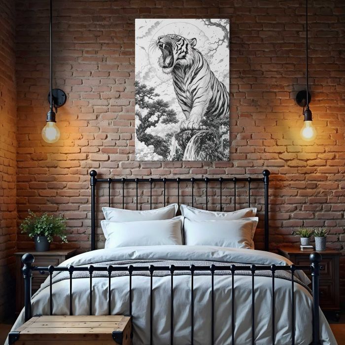 Roaring White Tiger in Black and White canvas print, interior display view