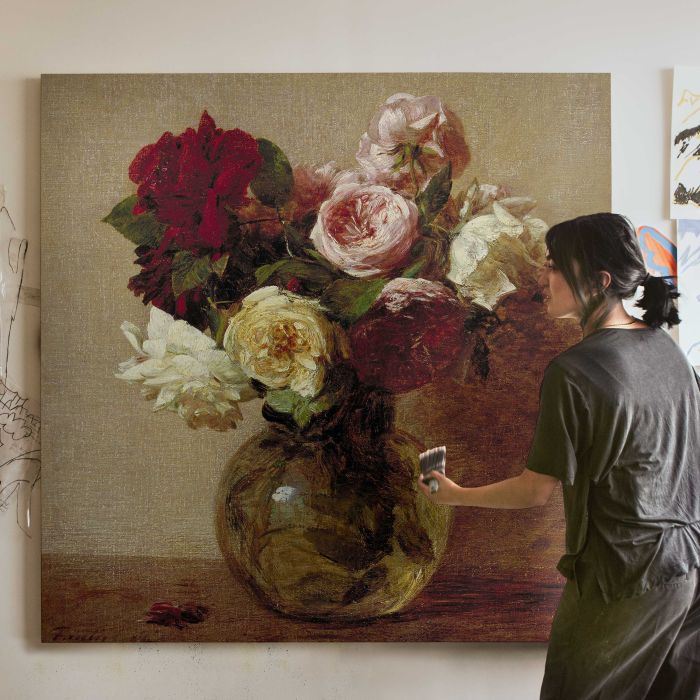 Roses (1884) by Henri Fantin-Latour canvas print, canvas shown with a person for scale