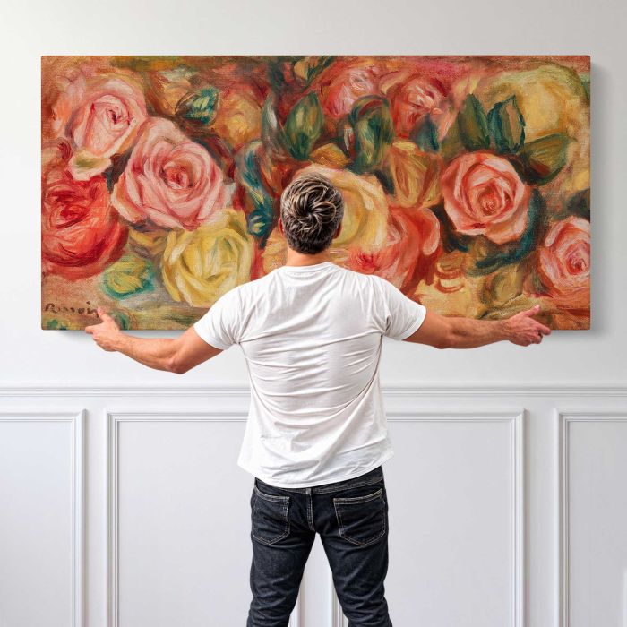 Roses (1912) by Pierre-Auguste Renoir canvas print, canvas shown with a person for scale