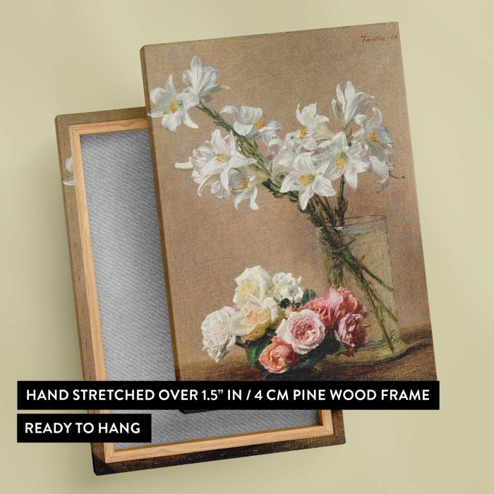 Roses and Lilies (1888) by Henri Fantin–Latour canvas print, canvas reverse and frame view