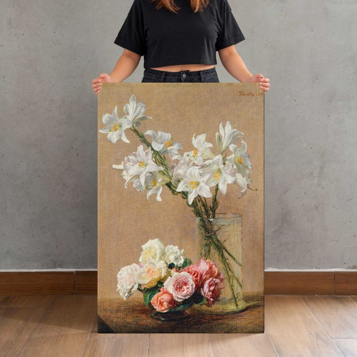 Roses and Lilies (1888) by Henri Fantin–Latour canvas print, canvas shown with a person for scale