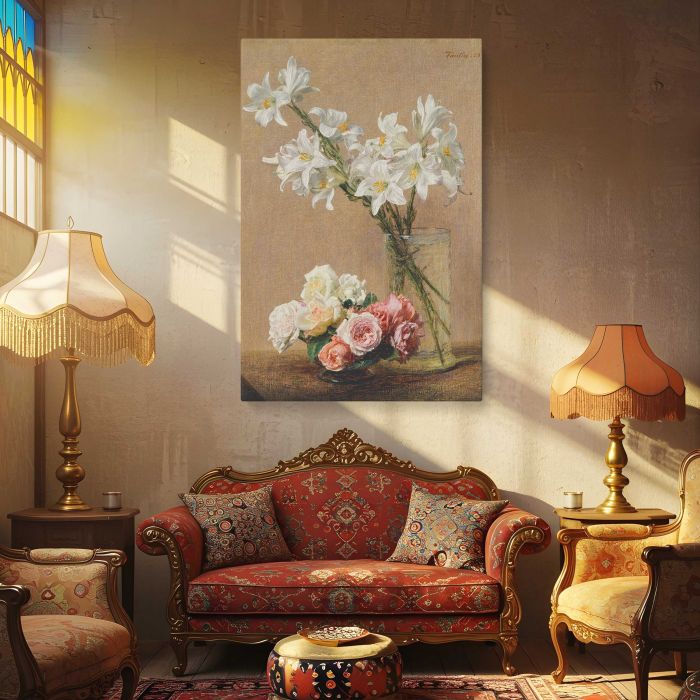 Roses and Lilies (1888) by Henri Fantin–Latour canvas print, interior display view