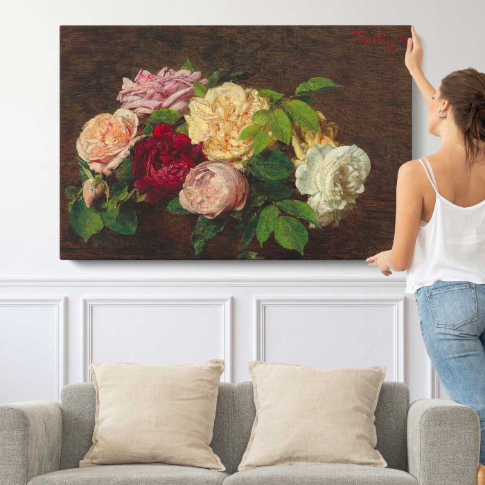 Roses by Henri Fantin-Latour canvas print, canvas shown with a person for scale
