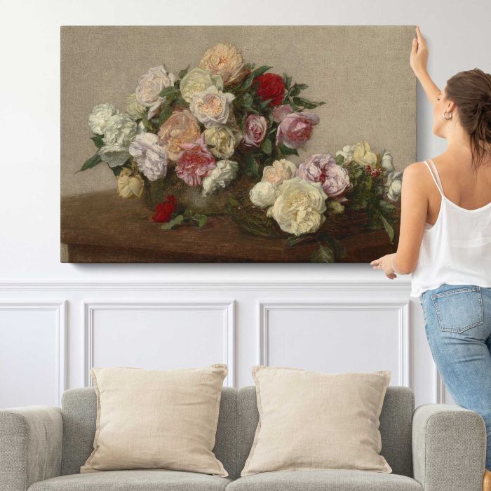 Roses in a Bowl and Dish (1885) by Henri Fantin-Latour canvas print, canvas shown with a person for scale
