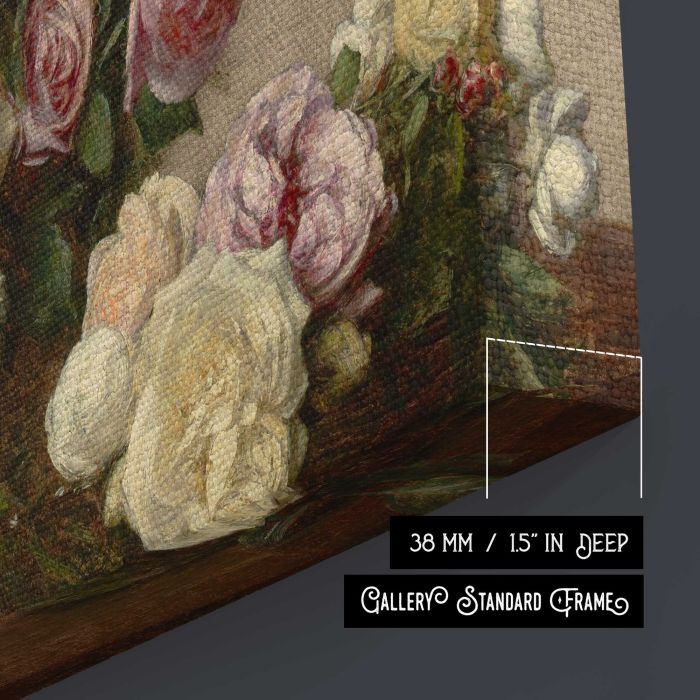 Roses in a Bowl and Dish (1885) by Henri Fantin-Latour canvas print, canvas surface and edge detail