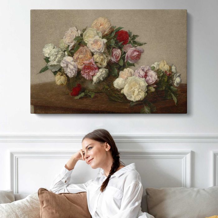 Roses in a Bowl and Dish (1885) by Henri Fantin-Latour canvas print, interior display view