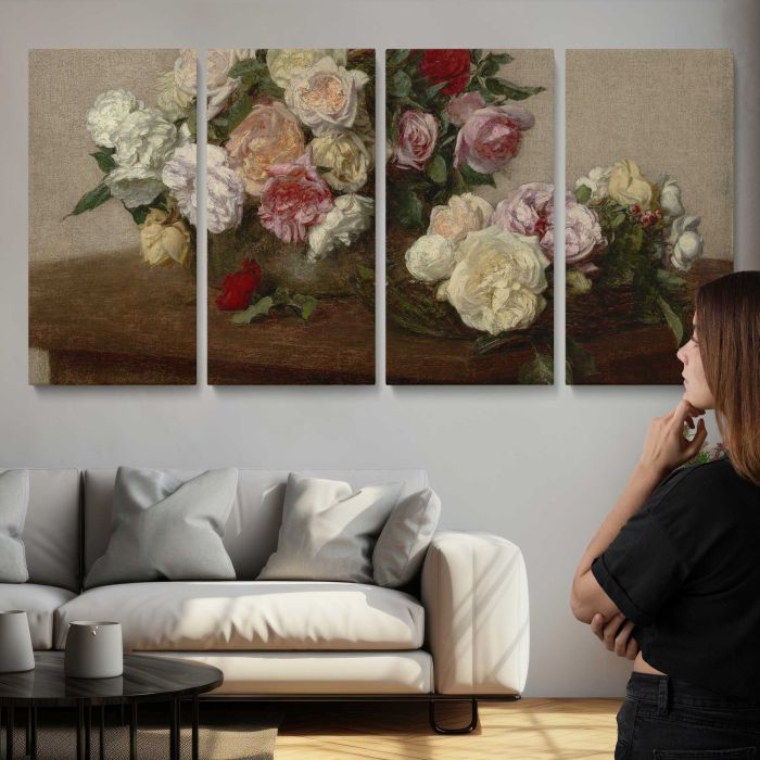 Roses in a Bowl and Dish (1885) by Henri Fantin-Latour canvas print, interior display view