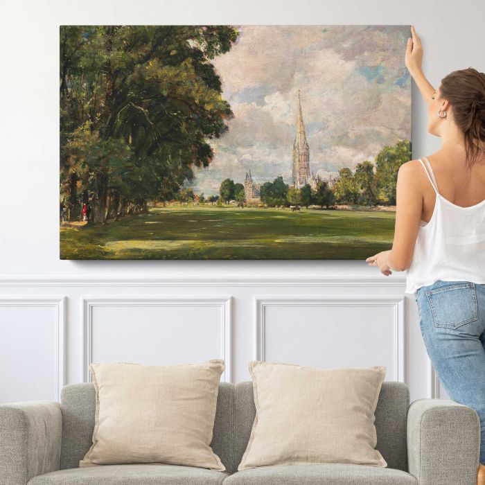 Salisbury Cathedral from Lower Marsh Close (1820) by John Constable canvas print, canvas shown with a person for scale