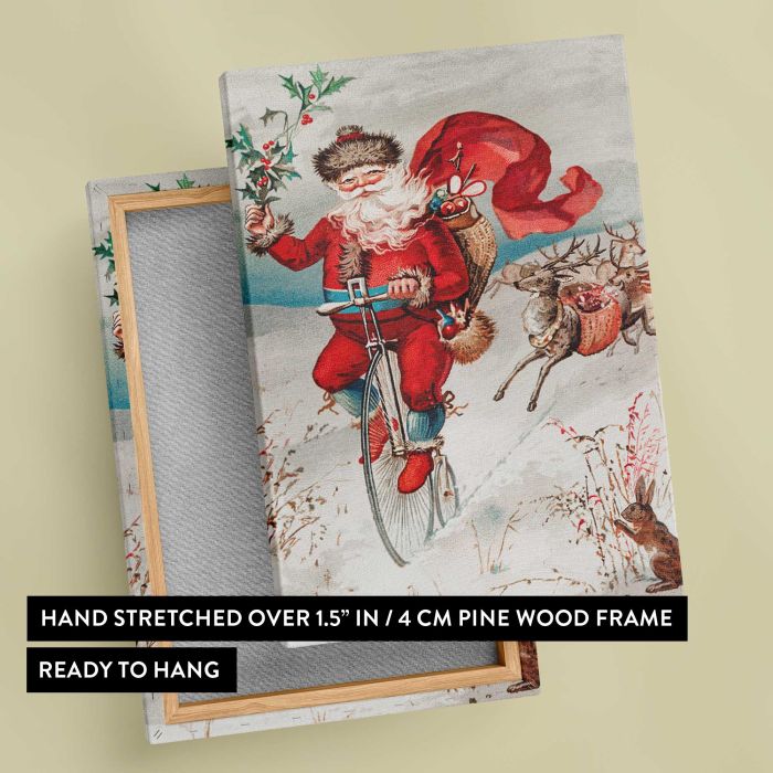 Santa Claus on a Penny Farthing with Reindeer and Rabbit canvas print, canvas reverse and frame view