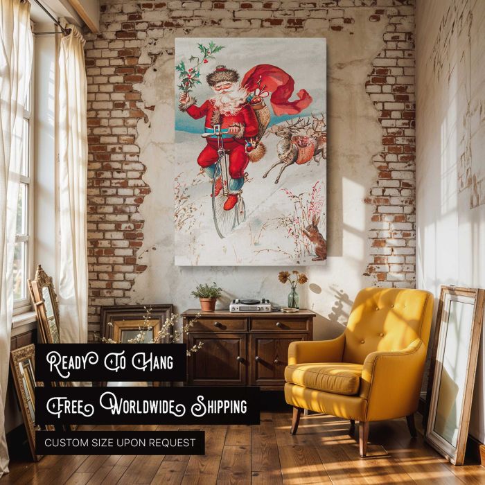 Santa Claus on a Penny Farthing with Reindeer and Rabbit canvas print, interior display view