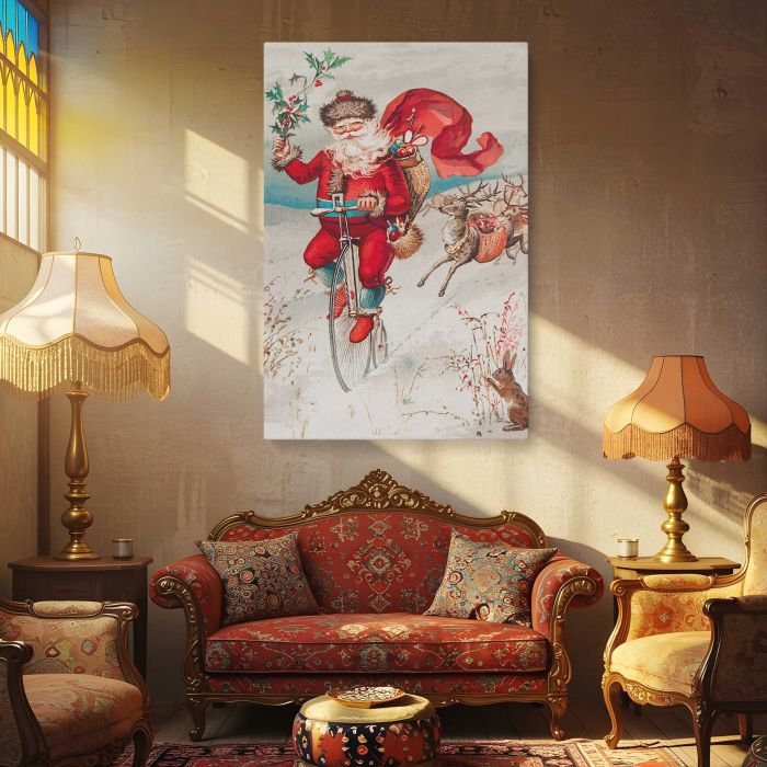 Santa Claus on a Penny Farthing with Reindeer and Rabbit canvas print, interior display view