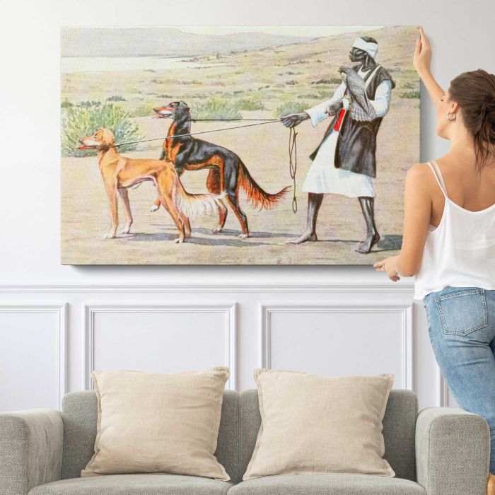 Scottish Deerhound and Persian Gazelle Hound (1919) by Louis Agassiz Fuertes canvas print, canvas shown with a person for scale