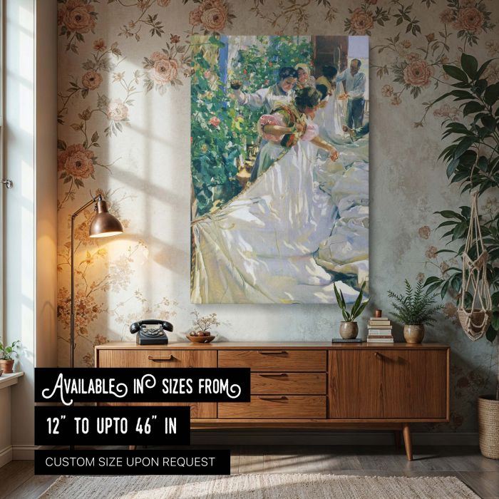 Sewing the Sail by Joaquin Sorolla - White Fabric in Sunlit Garden Scene canvas wall art