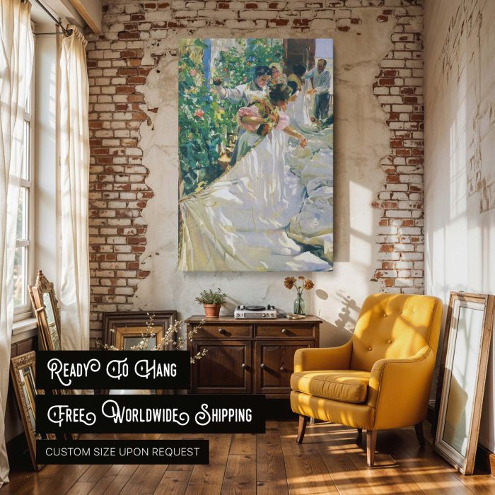 Sewing the Sail by Joaquin Sorolla - White Fabric in Sunlit Garden Scene canvas wall art - Image 3