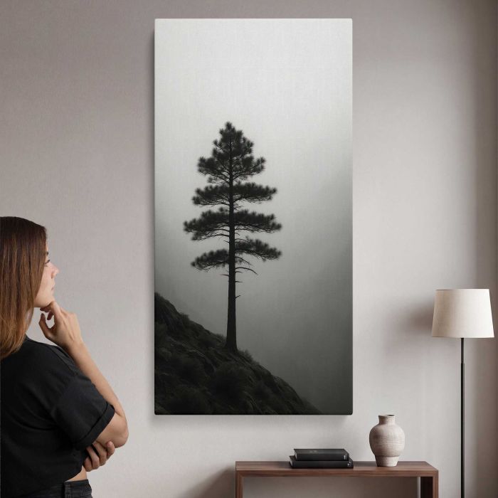 Solitary tree in misty landscape canvas print, interior display view