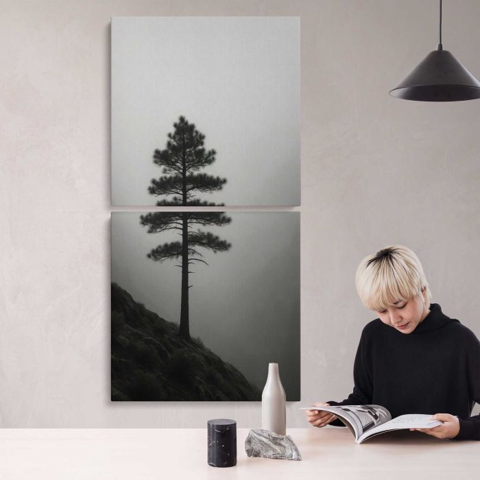 Solitary tree in misty landscape canvas print, interior display view