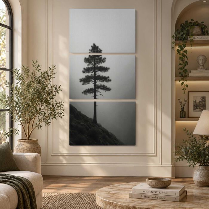 Solitary tree in misty landscape canvas print, interior display view