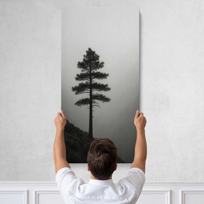 Solitary tree in misty landscape canvas print, tall canvas held against a wall
