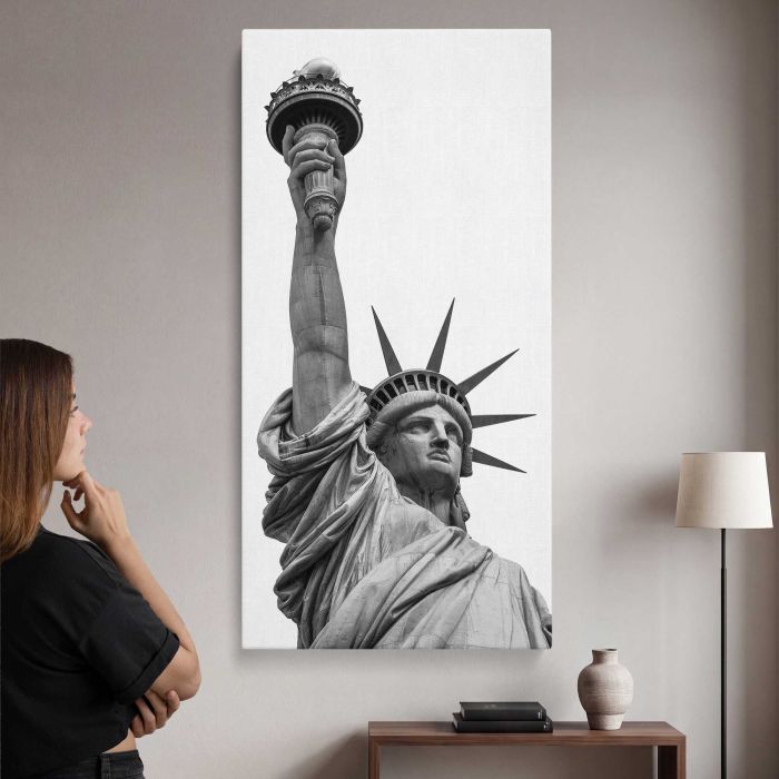 Statue of Liberty Close-Up in Black and White canvas print, interior display view