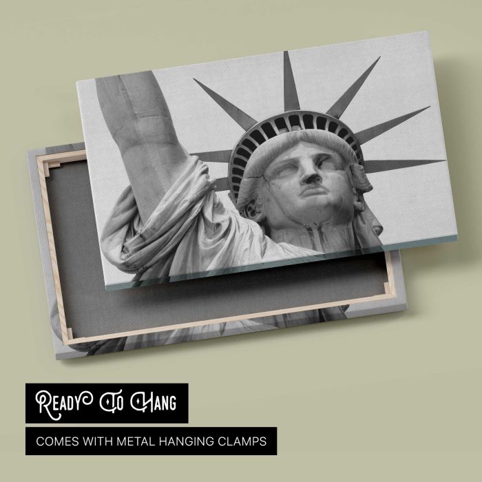 Statue of Liberty Face Close-Up in Black and White canvas print, canvas reverse and frame view
