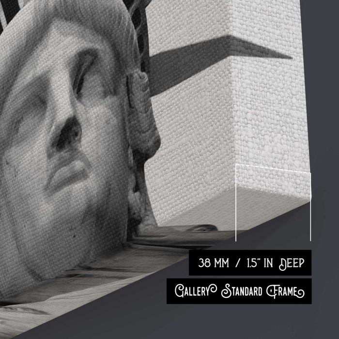 Statue of Liberty Face Close-Up in Black and White canvas print, canvas surface and edge detail