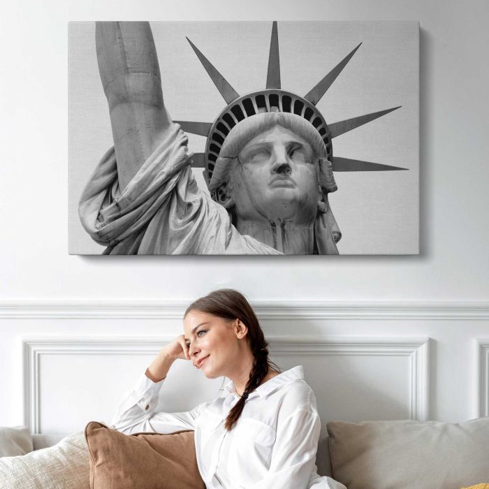Statue of Liberty Face Close-Up in Black and White canvas print, interior display view