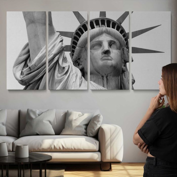 Statue of Liberty Face Close-Up in Black and White canvas print, interior display view