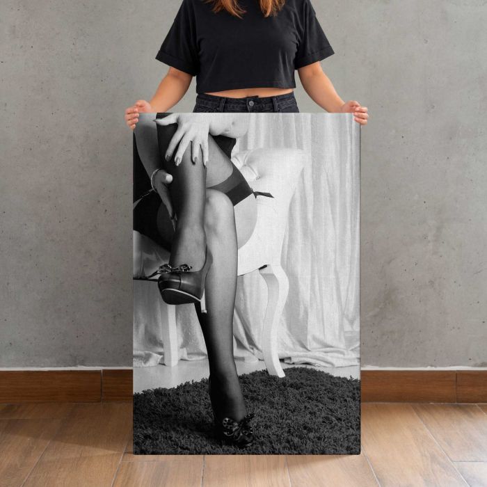 Stockings and Heels — Black and White Fashion canvas print, canvas shown with a person for scale