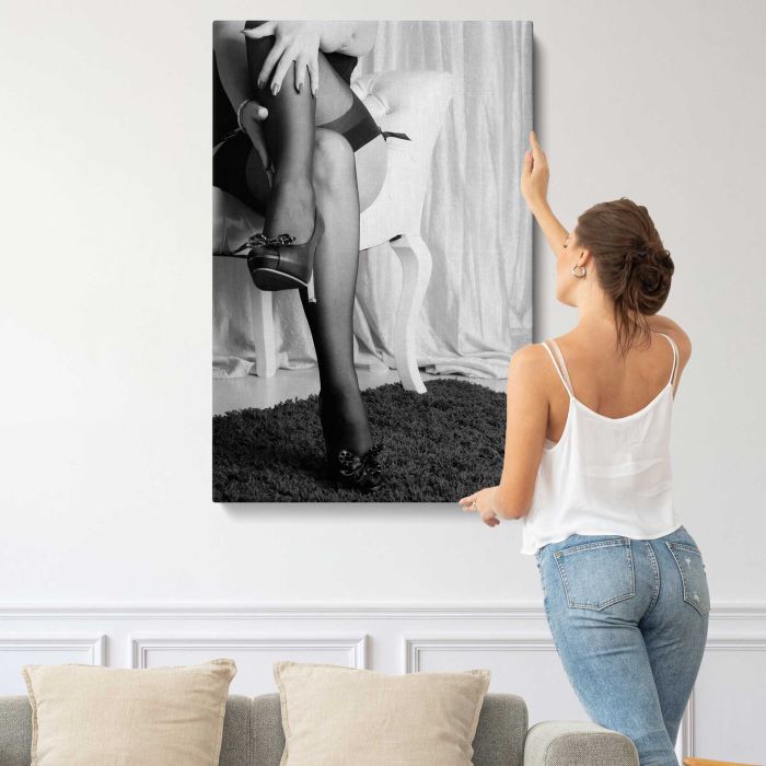 Stockings and Heels — Black and White Fashion canvas print, interior display view